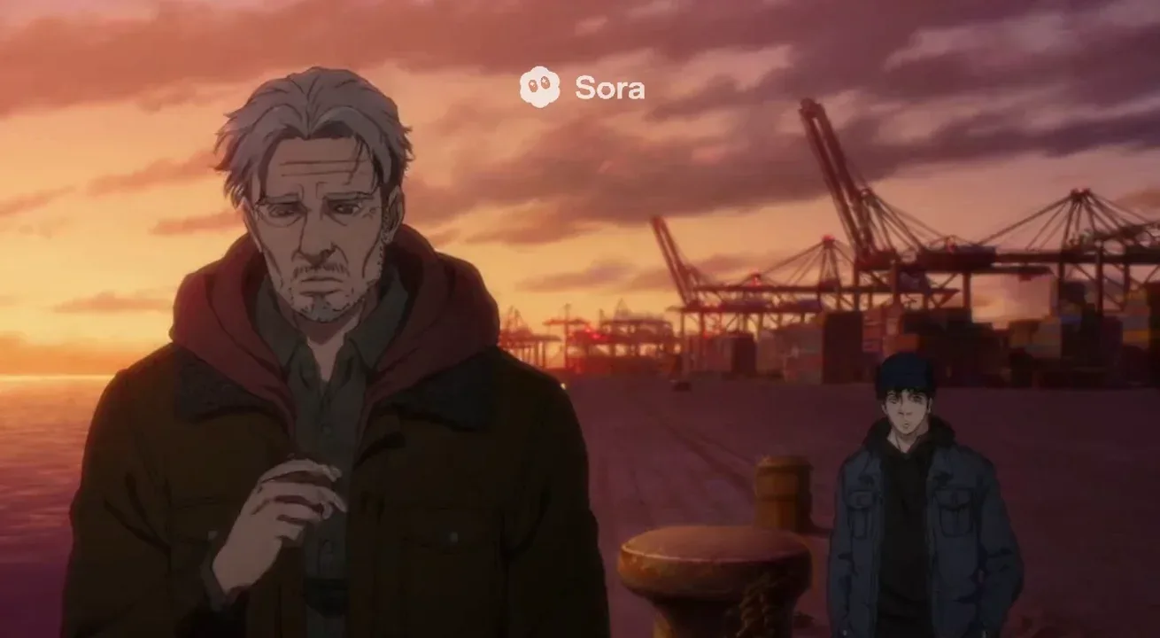 the scene from the wire about "we used to build things in this country" but in cinematic anime FMV art style