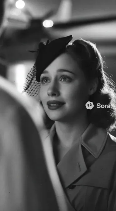 “Black-and-white 35mm vintage film look, 1940s airport, lovers parting. Suddenly modern PA announcements and holographic comments appear, breaking the fourth wall; pace ramps up, Hitchcock-style shots mixed with TikTok snappy cuts; dramatic lighting, heavy film grain. Comedic twist ending: flight delayed so they awkwardly wait together. 20–30s, vertical 9:16.”