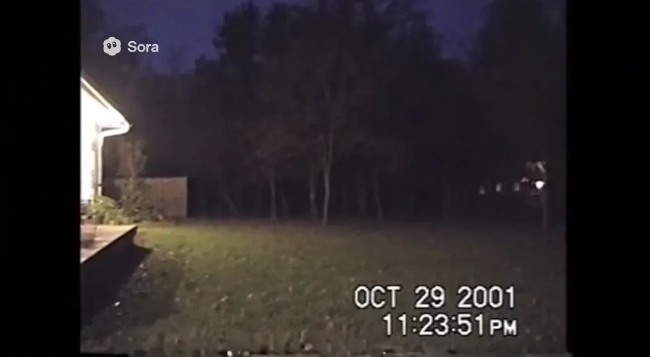Real life Authentic raw VHS camcorder footage from the 2000s, recorded directly onto magnetic tape — not playback on a TV. The image has soft blur, muted colors, analog noise, faint static, and occasional horizontal tracking lines near the bottom. Slight handheld camera motion with natural jitter. Subtle chroma bleeding, color drift, and scanline flicker give it a genuine analog feel. Timestamp overlay with seconds in small white digital text is locked in the bottom-right corner, perfectly stable and unaffected by camera movement, static, or distortion. The timestamp never glitches, warps, or disappears — it remains consistently visible throughout. The audio has a low hiss, faint tape hum, and distant ambient noise captured from the camcorder’s built-in microphone. Looks exactly like genuine VHS footage, not a digital filter — timestamp reads ‘OCT 29 2001 11:23:51 PM’ — a woman films her backyard after hearing strange noises. The tape captures faint whispers and a shadow briefly crossing behind the trees before the sound cuts out.