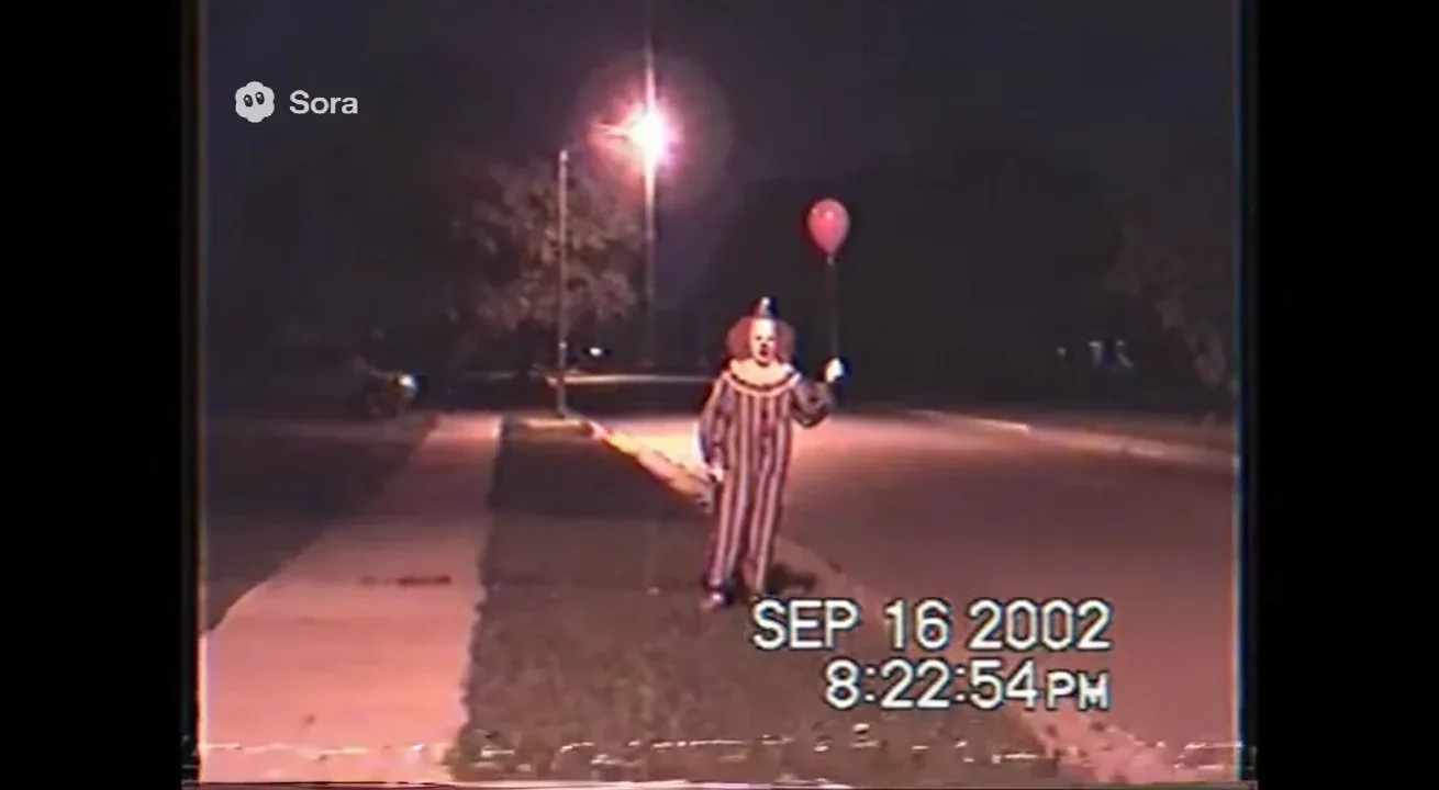 Real life Authentic raw VHS camcorder footage from the 2000s, recorded directly onto magnetic tape — not playback on a TV. The image has soft blur, muted colors, analog noise, faint static, and occasional horizontal tracking lines near the bottom. Slight handheld camera motion with natural jitter. Subtle chroma bleeding, color drift, and scanline flicker give it a genuine analog feel. Timestamp overlay with seconds in small white digital text is locked in the bottom-right corner, perfectly stable and unaffected by camera movement, static, or distortion. The timestamp never glitches, warps, or disappears — it remains consistently visible throughout. The audio has a low hiss, faint tape hum, and distant ambient noise captured from the camcorder’s built-in microphone. Looks exactly like genuine VHS footage, not a digital filter — ‘SEP 16 2002 8:22:54 PM’
VHS camcorder footage of a suburban street. A single clown stands under a flickering streetlight, holding a red balloon. The camera zooms in — the clown waves once, then goes perfectly still again.
