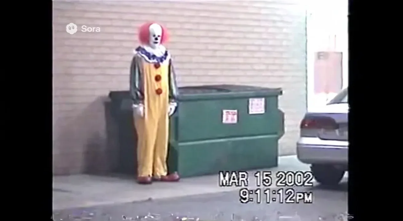 Real life Authentic raw VHS camcorder footage from the 2000s, recorded directly onto magnetic tape — not playback on a TV. The image has soft blur, muted colors, analog noise, faint static, and occasional horizontal tracking lines near the bottom. Slight handheld camera motion with natural jitter. Subtle chroma bleeding, color drift, and scanline flicker give it a genuine analog feel. Timestamp overlay with seconds in small white digital text is locked in the bottom-right corner, perfectly stable and unaffected by camera movement, static, or distortion. The timestamp never glitches, warps, or disappears — it remains consistently visible throughout. The audio has a low hiss, faint tape hum, and distant ambient noise captured from the camcorder’s built-in microphone. Looks exactly like genuine VHS footage, not a digital filter — ‘MAR 15 2002 9:11:12 PM’
VHS camcorder footage of a gas station parking lot. A clown is standing beside the dumpster, motionless. When the camera pans away for a second and back again, it’s gone.