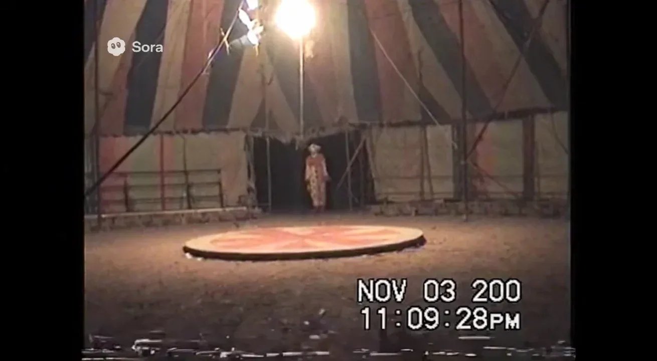 Real life Authentic raw VHS camcorder footage from the 2000s, recorded directly onto magnetic tape — not playback on a TV. The image has soft blur, muted colors, analog noise, faint static, and occasional horizontal tracking lines near the bottom. Slight handheld camera motion with natural jitter. Subtle chroma bleeding, color drift, and scanline flicker give it a genuine analog feel. Timestamp overlay with seconds in small white digital text is locked in the bottom-right corner, perfectly stable and unaffected by camera movement, static, or distortion. The timestamp never glitches, warps, or disappears — it remains consistently visible throughout. The audio has a low hiss, faint tape hum, and distant ambient noise captured from the camcorder’s built-in microphone. Looks exactly like genuine VHS footage, not a digital filter — ‘NOV 03 2000 11:09:28 PM’
VHS camcorder footage of an abandoned circus tent. The lights briefly flicker, revealing a clown figure at the far end of the ring. Each flicker brings it slightly closer, though it never seems to move.