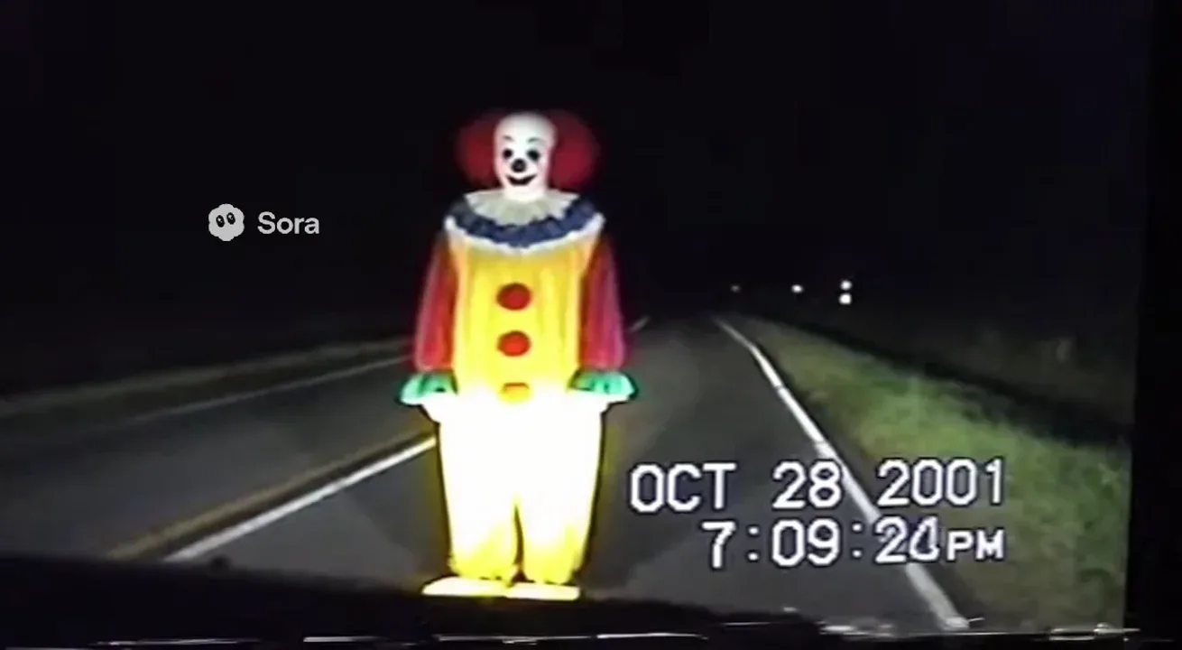 Real life Authentic raw VHS camcorder footage from the 2000s, recorded directly onto magnetic tape — not playback on a TV. The image has soft blur, muted colors, analog noise, faint static, and occasional horizontal tracking lines near the bottom. Slight handheld camera motion with natural jitter. Subtle chroma bleeding, color drift, and scanline flicker give it a genuine analog feel. Timestamp overlay with seconds in small white digital text is locked in the bottom-right corner, perfectly stable and unaffected by camera movement, static, or distortion. The timestamp never glitches, warps, or disappears — it remains consistently visible throughout. The audio has a low hiss, faint tape hum, and distant ambient noise captured from the camcorder’s built-in microphone. Looks exactly like genuine VHS footage, not a digital filter — ‘OCT 28 2001 7:09:24 PM’
VHS camcorder footage taken from inside a car. The camera looks out the windshield. A clown is standing in the middle of the road, illuminated by headlights. The figure doesn’t move as the engine hums quietly.
