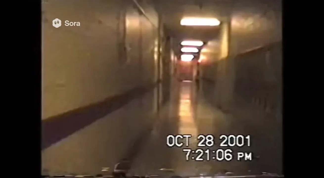 Real life Authentic raw VHS camcorder footage from the 2000s, recorded directly onto magnetic tape — not playback on a TV. The image has soft blur, muted colors, analog noise, faint static, and occasional horizontal tracking lines near the bottom. Slight handheld camera motion with natural jitter. Subtle chroma bleeding, color drift, and scanline flicker give it a genuine analog feel. Timestamp overlay with seconds in small white digital text is locked in the bottom-right corner, perfectly stable and unaffected by camera movement, static, or distortion. The timestamp never glitches, warps, or disappears — it remains consistently visible throughout. The audio has a low hiss, faint tape hum, and distant ambient noise captured from the camcorder’s built-in microphone. Looks exactly like genuine VHS footage, not a digital filter — ‘OCT 28 2001 7:21:06 PM’
VHS camcorder footage of a long hallway in an old school. Faint laughter echoes. The camera turns a corner — the clown is standing at the far end, facing the wall.