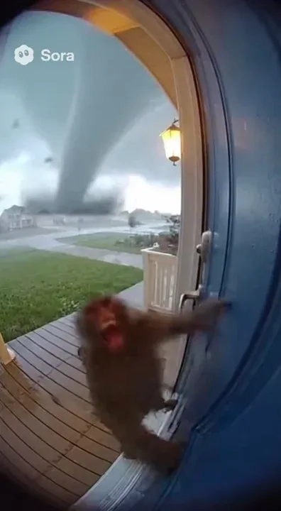 Realistic ring doorbell footage during a violent storm. A drenched monkey stands on the porch screaming and yanking on the door handle, its face pressed close to the camera in panic. Behind it, a massive tornado spins across the neighborhood. The wind grows stronger — leaves, debris, and rain whip past the lens. Suddenly, the gust lifts the monkey off its feet, and it gets blown backward off the porch, tumbling into the wind as the tornado looms in the distance. Authentic Ring camera angle, realistic motion blur, chaotic storm audio, and cinematic realism.