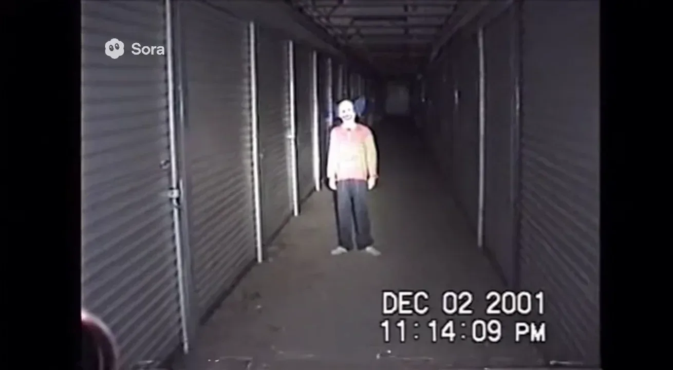 Real life Authentic raw VHS camcorder footage from the 2000s, recorded directly onto magnetic tape — not playback on a TV. The image has soft blur, muted colors, analog noise, faint static, and occasional horizontal tracking lines near the bottom. Slight handheld camera motion with natural jitter. Subtle chroma bleeding, color drift, and scanline flicker give it a genuine analog feel. Timestamp overlay with seconds in small white digital text is locked in the bottom-right corner, perfectly stable and unaffected by camera movement, static, or distortion. The timestamp never glitches, warps, or disappears — it remains consistently visible throughout. The audio has a low hiss, faint tape hum, and distant ambient noise captured from the camcorder’s built-in microphone. Looks exactly like genuine VHS footage, not a digital filter — “Storage Unit 47”
'DEC 02 2001 11:14:09 PM'
Someone explores an abandoned storage facility. The flashlight lands on a mannequin wearing a clown mask. The cameraman laughs nervously.
He walks closer — the mannequin’s head is now facing him.
He backs up… and the clown’s arm twitches.
Then its feet shuffle.
The clown breaks into a sprint. The camera drops mid-run.