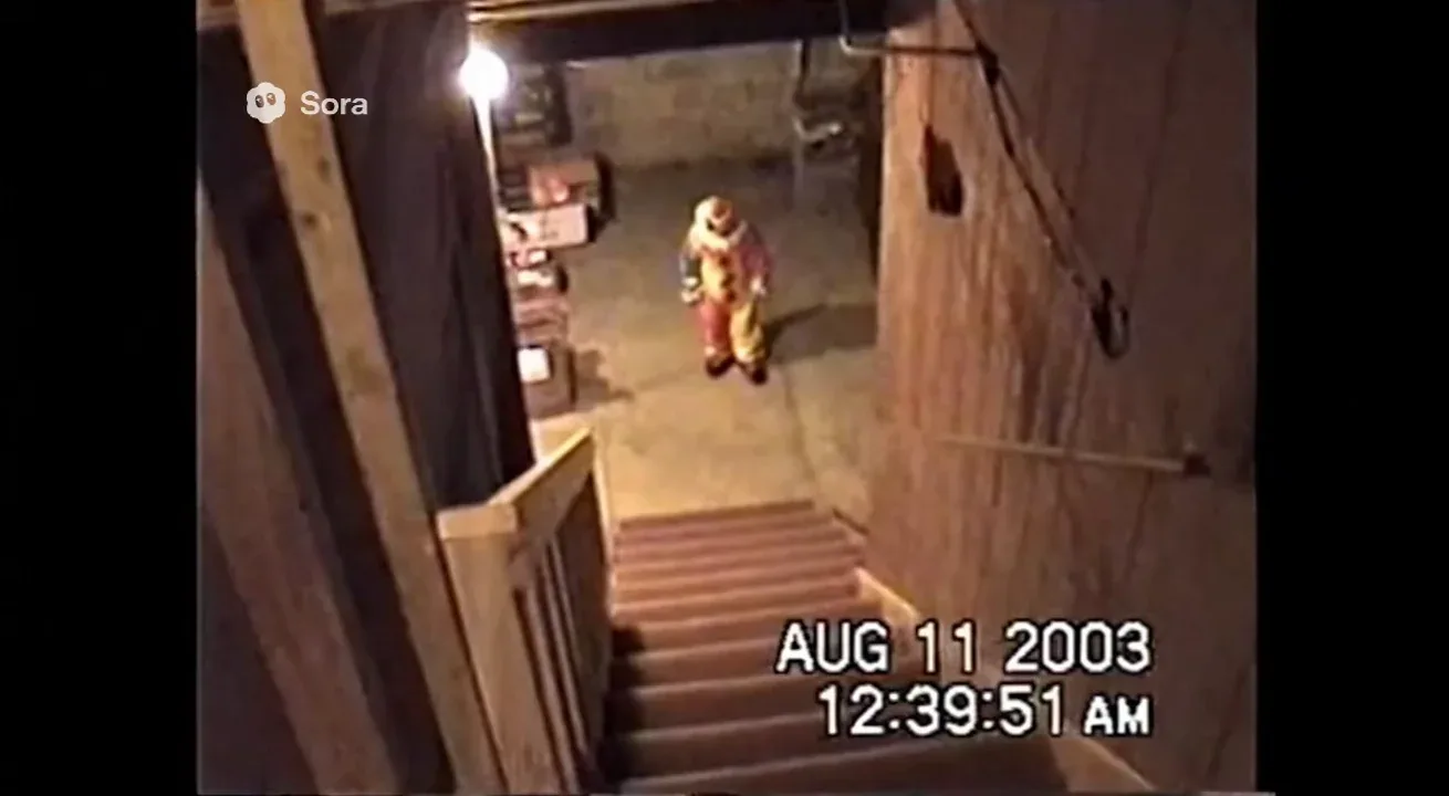 Real life Authentic raw VHS camcorder footage from the 2000s, recorded directly onto magnetic tape — not playback on a TV. The image has soft blur, muted colors, analog noise, faint static, and occasional horizontal tracking lines near the bottom. Slight handheld camera motion with natural jitter. Subtle chroma bleeding, color drift, and scanline flicker give it a genuine analog feel. Timestamp overlay with seconds in small white digital text is locked in the bottom-right corner, perfectly stable and unaffected by camera movement, static, or distortion. The timestamp never glitches, warps, or disappears — it remains consistently visible throughout. The audio has a low hiss, faint tape hum, and distant ambient noise captured from the camcorder’s built-in microphone. Looks exactly like genuine VHS footage, not a digital filter — “Basement Footage” 'AUG 11 2003 12:39:51 AM' A guy is filming his basement facing down the stairwell. A clown suddenly moves. He says, “That’s not funny.” No response. The clown slowly turns its head toward him. He backs up the stairs — breathing heavy. The clown suddenly charges up the steps toward him, camera shaking violently before cutting out.