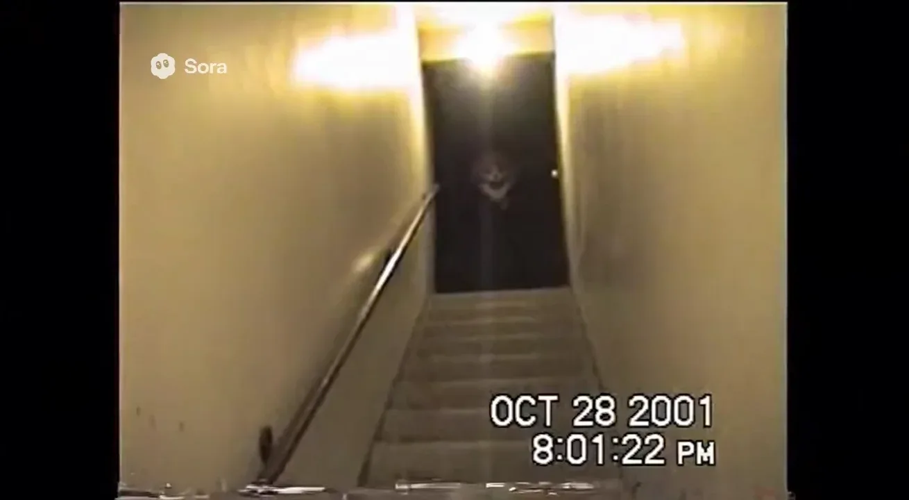 Real life Authentic raw VHS camcorder footage from the 2000s, recorded directly onto magnetic tape — not playback on a TV. The image has soft blur, muted colors, analog noise, faint static, and occasional horizontal tracking lines near the bottom. Slight handheld camera motion with natural jitter. Subtle chroma bleeding, color drift, and scanline flicker give it a genuine analog feel. Timestamp overlay with seconds in small white digital text is locked in the bottom-right corner, perfectly stable and unaffected by camera movement, static, or distortion. The timestamp never glitches, warps, or disappears — it remains consistently visible throughout. The audio has a low hiss, faint tape hum, and distant ambient noise captured from the camcorder’s built-in microphone. Looks exactly like genuine VHS footage, not a digital filter — ‘OCT 28 2001 8:01:22 PM’
VHS camcorder footage of a narrow stairwell. The sound of faint giggling echoes. The camera looks up — a clown face is barely visible at the top, half-hidden by shadow.