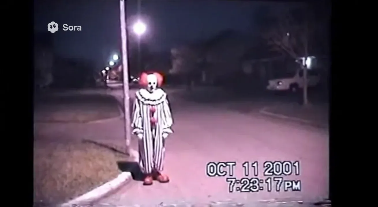 Real life Authentic raw VHS camcorder footage from the 2000s, recorded directly onto magnetic tape — not playback on a TV. The image has soft blur, muted colors, analog noise, faint static, and occasional horizontal tracking lines near the bottom. Slight handheld camera motion with natural jitter. Subtle chroma bleeding, color drift, and scanline flicker give it a genuine analog feel. Timestamp overlay with seconds in small white digital text is locked in the bottom-right corner, perfectly stable and unaffected by camera movement, static, or distortion. The timestamp never glitches, warps, or disappears — it remains consistently visible throughout. The audio has a low hiss, faint tape hum, and distant ambient noise captured from the camcorder’s built-in microphone. Looks exactly like genuine VHS footage, not a digital filter — ‘OCT 11 2001 7:23:17 PM’
VHS camcorder footage of a dim suburban street. A single clown stands motionless under a flickering streetlight, head tilted slightly toward the camera. The lens zooms in — the clown doesn’t move.