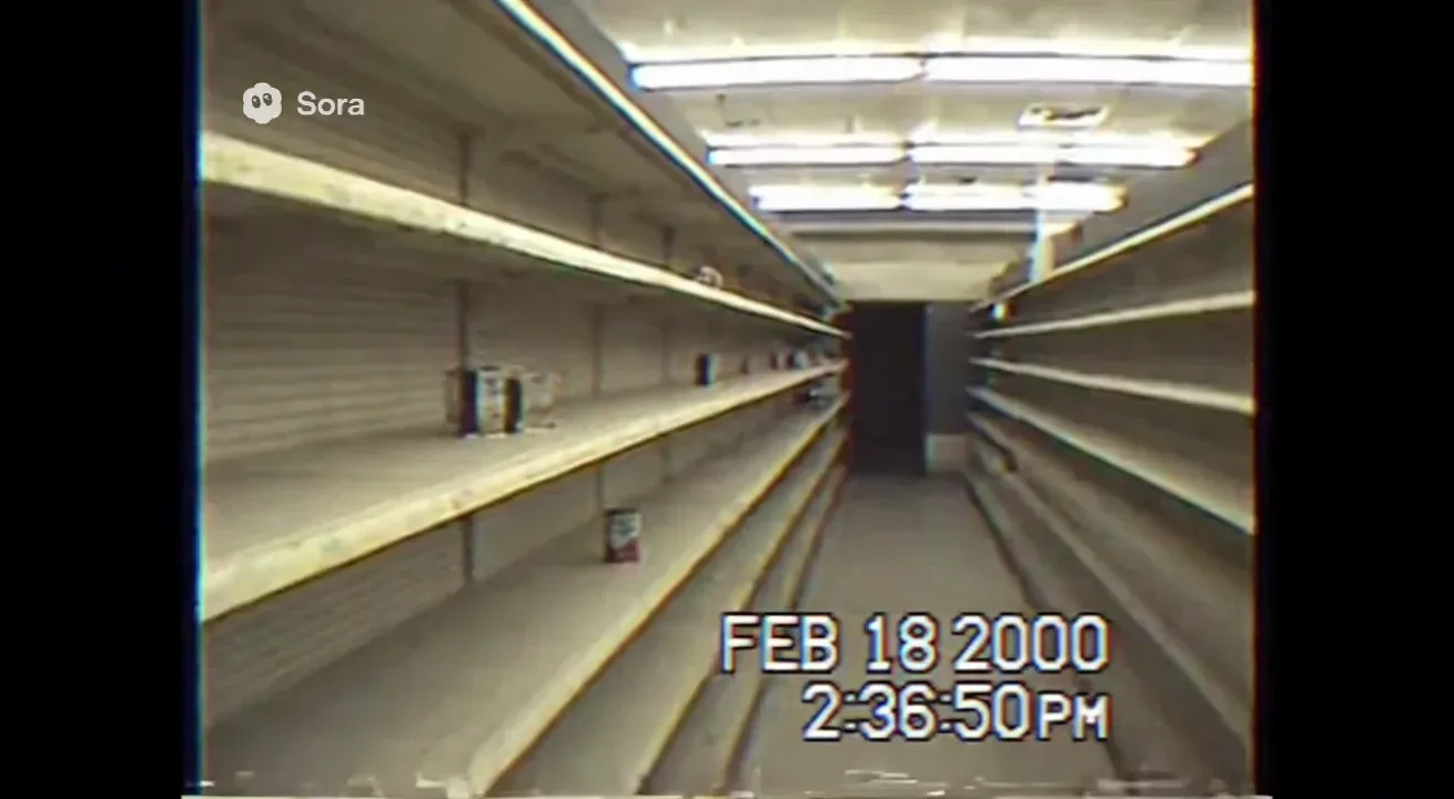 Real life Authentic raw VHS camcorder footage from the 2000s, recorded directly onto magnetic tape — not playback on a TV. The image has soft blur, muted colors, analog noise, faint static, and occasional horizontal tracking lines near the bottom. Slight handheld camera motion with natural jitter. Subtle chroma bleeding, color drift, and scanline flicker give it a genuine analog feel. Timestamp overlay with seconds in small white digital text is locked in the bottom-right corner, perfectly stable and unaffected by camera movement, static, or distortion. The timestamp never glitches, warps, or disappears — it remains consistently visible throughout. The audio has a low hiss, faint tape hum, and distant ambient noise captured from the camcorder’s built-in microphone. Looks exactly like genuine VHS footage, not a digital filter — ‘FEB 18 2000 2:36:50 PM’
VHS camcorder footage of an abandoned grocery store aisle. Cans clatter off the shelf for no apparent reason, and the overhead fluorescent lights buzz and flicker. The camera slowly glides past the empty shelves.