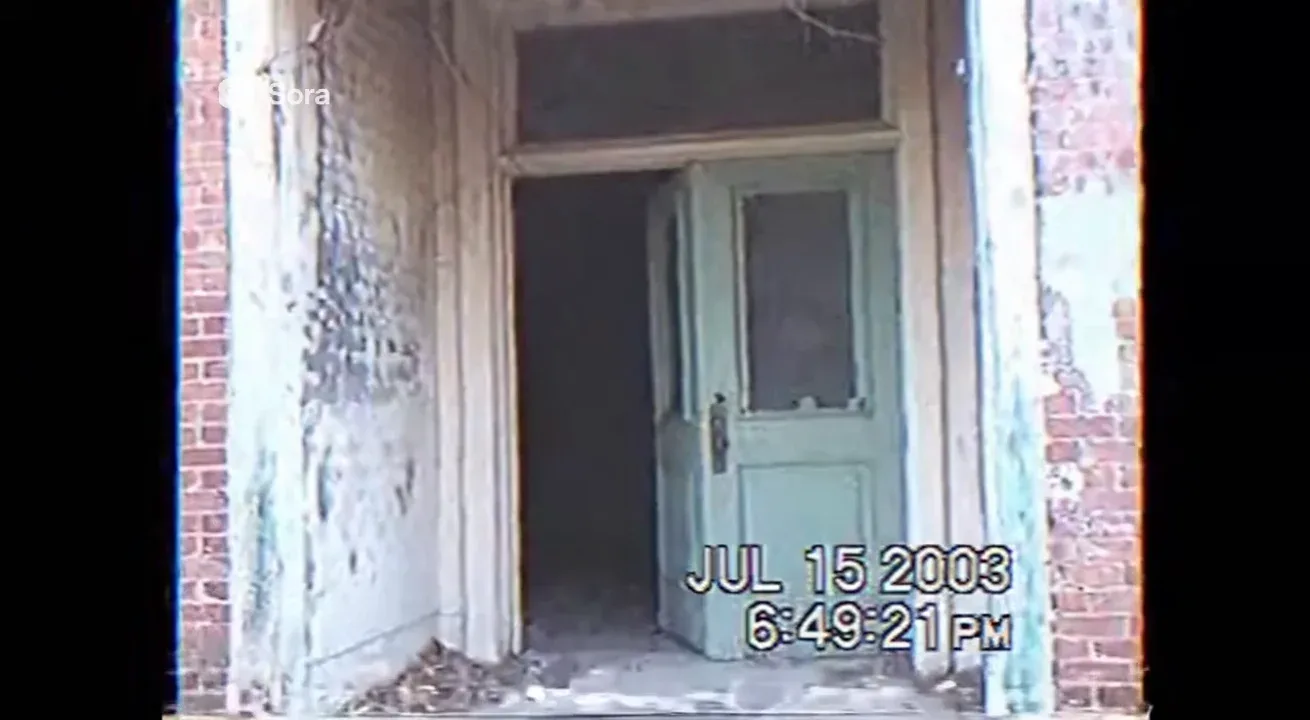 Real life Authentic raw VHS camcorder footage from the 2000s, recorded directly onto magnetic tape — not playback on a TV. The image has soft blur, muted colors, analog noise, faint static, and occasional horizontal tracking lines near the bottom. Slight handheld camera motion with natural jitter. Subtle chroma bleeding, color drift, and scanline flicker give it a genuine analog feel. Timestamp overlay with seconds in small white digital text is locked in the bottom-right corner, perfectly stable and unaffected by camera movement, static, or distortion. The timestamp never glitches, warps, or disappears — it remains consistently visible throughout. The audio has a low hiss, faint tape hum, and distant ambient noise captured from the camcorder’s built-in microphone. Looks exactly like genuine VHS footage, not a digital filter — ‘JUL 15 2003 6:49:21 PM’
VHS camcorder footage of an abandoned building entrance. The door swings slightly, though no wind is present. hmm...