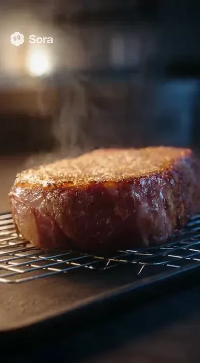 TITLE: Marble Beef Steak — Pure Hunger

DURATION: 15s

SCENES & TIMELINE:

[0–2s] Establish
 - Stainless steel kitchen pass, dark stone counter, faint veil of steam. Thick marble beef steak rests on rack; golden crust glistens.
 - Camera: Slow dolly-in, 35mm wide.
 - Lighting: Warm 3200K tungsten at 45°, subtle chrome-blue reflections in fat; soft top fill for juicy shine.

[2–6s] Sear
 - Macro: Steak sizzles; butter bubbles burst around crispy edge; fresh rosemary crackles atop golden surface.
 - Camera: 100mm macro, slow-motion (40%), tight on caramelized fibers and shimmering fat.
 - Lighting: Contrasty, minimal bounce, highlights on herbs and crust.

[6–9s] Garnish
 - Close-up: Hand sprinkles coarse sea salt flakes; rosemary pressed into steak, oil glistens. Focus racks from salted edge to pink center.
 - Camera: Macro sweep.
 - Lighting: Cold rim accentuates juiciness, warm fill on crust.

[9–13s] Hero Plate
 - Low 45° dolly: Steak showcased in cinematic symmetry, steam curls rise, salt crystals sparkle. Environment fades to soft blur.
 - Camera: Low dolly, hero angle.
 - Lighting: Warm highlights on crust, cool undertones on fat and herbs.

[13–15s] Final Bite
 - Macro: Knife slices through crispy crust and tender meat, juices ooze; rosemary splits; oil glistens under dramatic light.
 - Camera: Macro pull, slow glide-in.
 - Lighting: Intense highlight, faint haze.

COLOR & FINISH:
Warm golden highlights (crust, butter), cool blue glints (fat, rosemary). Preserved saturation, no artificial sharpness; micro-contrast emphasizes gloss, fibers and texture.

AUDIO (ASMR-Focused):
Ambient hush, kitchen hum. Sizzle and crackle while searing, crunch of crust, salt flakes landing, gentle knife slice, rosemary crackle, oil popping, soft squish and steam release in final cut. Silky highs, clean bass pulse, BGM gently ducked on key moments.
