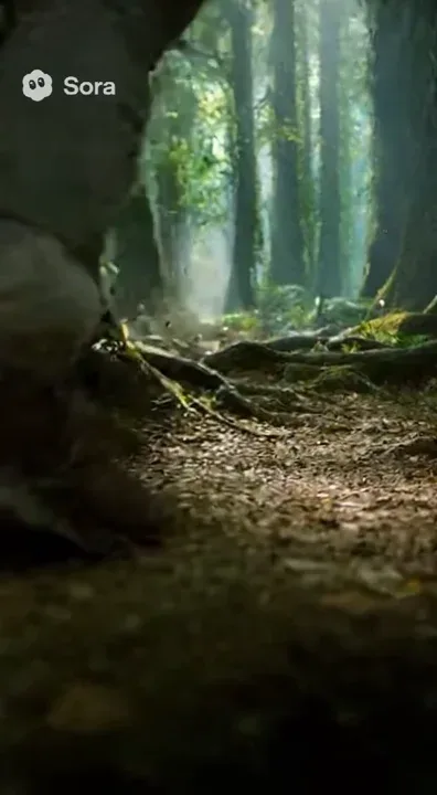 A cinematic scene in an enchanted forest, first-person view.

1. **Fading Consciousness:** The shot swims, darkens. A man (30 years old, in hiking clothes) trips over a root and falls. Everything goes black.

2. **Returning:** The shot slowly clears. The blurred image comes into focus. We see the forest canopy, leaves, the sky. The first realization — he can't move. Complete paralysis.

3. **Shock and Realization:** The camera slowly pans down, showing his body. His entire chest, arms, and legs are entangled in a complex web of shimmering gossamer threads, vines, and living roots that pin him tightly to the ground. He tries to jerk his head, but cannot.

4. **The Discovery:** Tiny figures come into view. Dozens, hundreds of forest sprites (10-15 cm tall) with bark-like skin and glowing eyes. They are wearing clothes made of leaves, moss, and petals. Some are tightening the final knots, others are driving microscopic stakes into the ground, while others observe from branches with serious and curious expressions.

5. **Atmosphere:** The forest is alive and magical. Luminous mushrooms, pollen, and dewdrops are everywhere, sparkling in the sunbeams. Hyper-realistic, highest detail, depth of field.