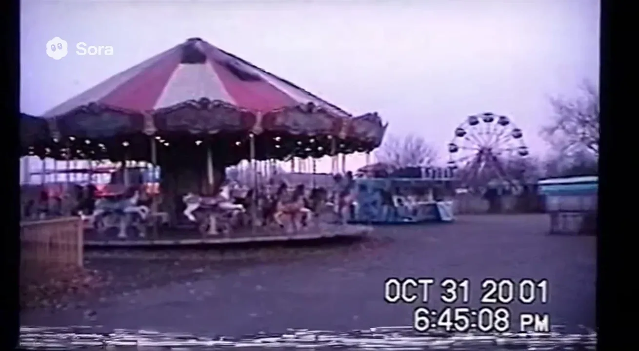 Real life Authentic raw VHS camcorder footage from the 2000s, recorded directly onto magnetic tape — not playback on a TV. The image has soft blur, muted colors, analog noise, faint static, and occasional horizontal tracking lines near the bottom. Slight handheld camera motion with natural jitter. Subtle chroma bleeding, color drift, and scanline flicker give it a genuine analog feel. Timestamp overlay with seconds in small white digital text is locked in the bottom-right corner, perfectly stable and unaffected by camera movement, static, or distortion. The timestamp never glitches, warps, or disappears — it remains consistently visible throughout. The audio has a low hiss, faint tape hum, and distant ambient noise captured from the camcorder’s built-in microphone. Looks exactly like genuine VHS footage, not a digital filter — “OCT 31 2001 6:45:08 PM” VHS camcorder footage entering a deserted carnival. Rusted rides creak in the wind. The camera pans slowly, focusing on a spinning carousel with chipped paint and broken lights.

But it’s not spinning… 🎠