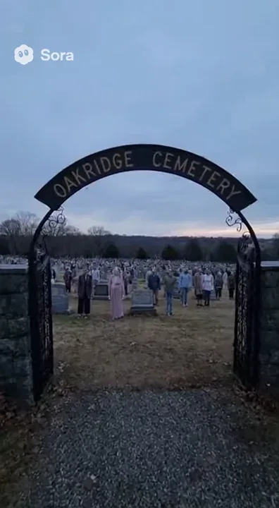 A standard American graveyard is shown with graves ranging from the early 1900’s to early 2000’s. At every headstone, the person originally buried there are shown fully reanimated just standing silently in front of their respective headstones wearing the attire they were buried in giving a visual representation of what it would look like if you could see the humans instead of simply their stones and grass. The scene is depicted from afar and rather ominous. Depicted are married old couples, a few younger adults, etc all standing facing east. Nothing is said. No spoken word, just quiet ambience. A cemetery entrance signage is shown. They just stand there staring. 100’s of them. Modernized video footage, very realistic.