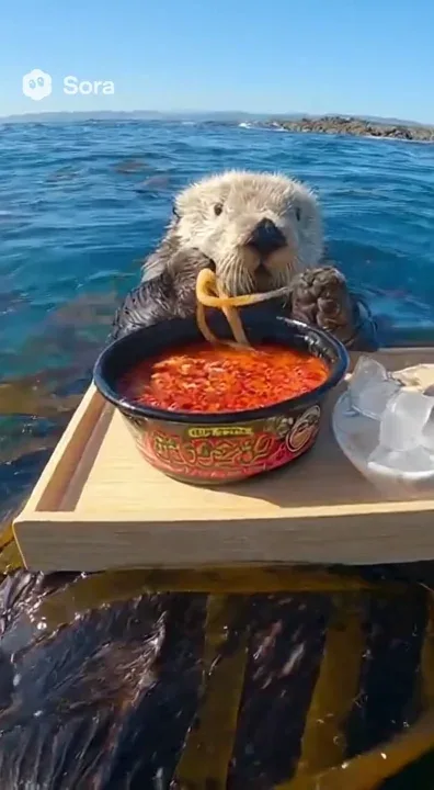 On a sunny, shimmering expanse of the Pacific Ocean, an adult sea otter with wet fur and a serious, yet curious expression is floating on its back amidst seaweed. A sturdy floating tray rests on its chest, holding a steaming bowl of "Hellfire Extreme Spicy Seafood Ramen" (Ramen with visibly extreme chili flakes and steam). With its nimble paws, the sea otter carefully picks up a single noodle coated in chili oil, then, with incredibly human-like slow motion, brings the noodle to its mouth. As the spiciness hits, the sea otter's expression instantly freezes, followed by a series of exaggerated and layered facial changes: pupils rapidly constricting, eyelids subtly twitching, mouth tightly shut in a straight line, then nose wrinkling, and finally, it dramatically arches its head back, emitting a cinematic slow-motion "Hiss—" sound, facial muscles contorting as if desperately enduring pain while trying to maintain composure. It will scratch at its cheeks with its paws, then immediately dip them into the seawater to cool down. Ultimately, it very slowly reaches out with its other paw for a small ice cube on the tray, its eyes filled with both a despair for life and an unwavering resolve against the spicy ramen. The entire process is captured with high-resolution close-up shots, as if filming an animal documentary, but infused with human comedic elements. Realistic animal comedy, high-definition macro photography, focus on animal facial and limb details, natural lighting, exaggerated yet authentic expressions.