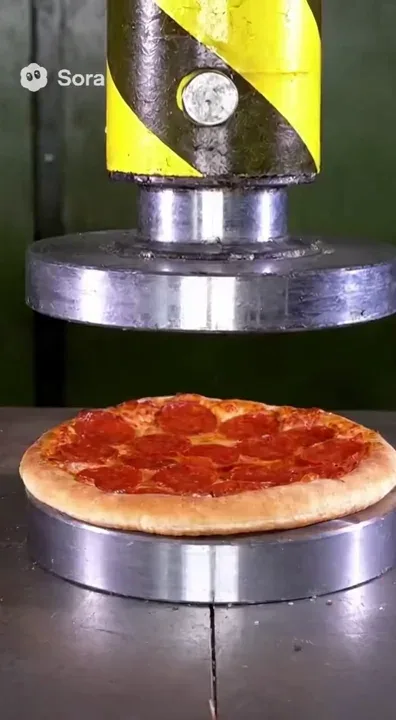 A hydraulic press smashing a fresh Pizza Hut pepperoni pizza.