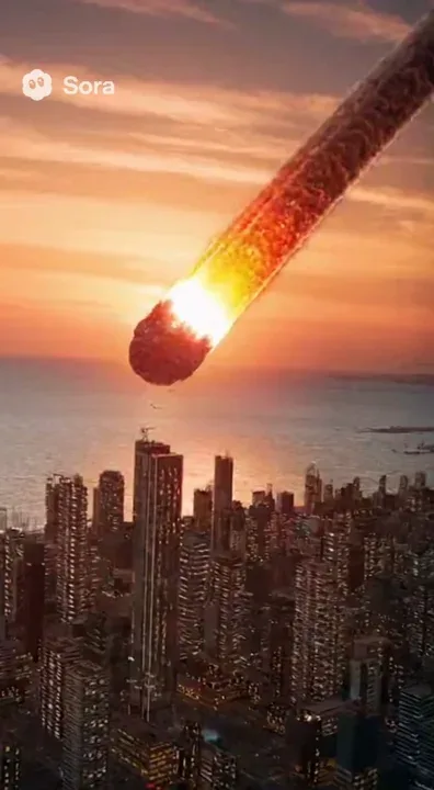 
“A massive meteorite hurtles from the sky and crashes into the ocean near a futuristic coastal metropolis at sunset. The impact creates a colossal explosion that lights up the city skyline, followed by a towering tsunami wave racing toward skyscrapers. Cinematic lighting, ultra-realistic water physics, shockwave distortion, 4K IMAX camera style, emotionally intense with debris and smoke filling the air.” 

•	“cinematic hollywood disaster style”
•	“shot with drone camera flying over the city”
•	“include sound of explosion and roaring ocean”