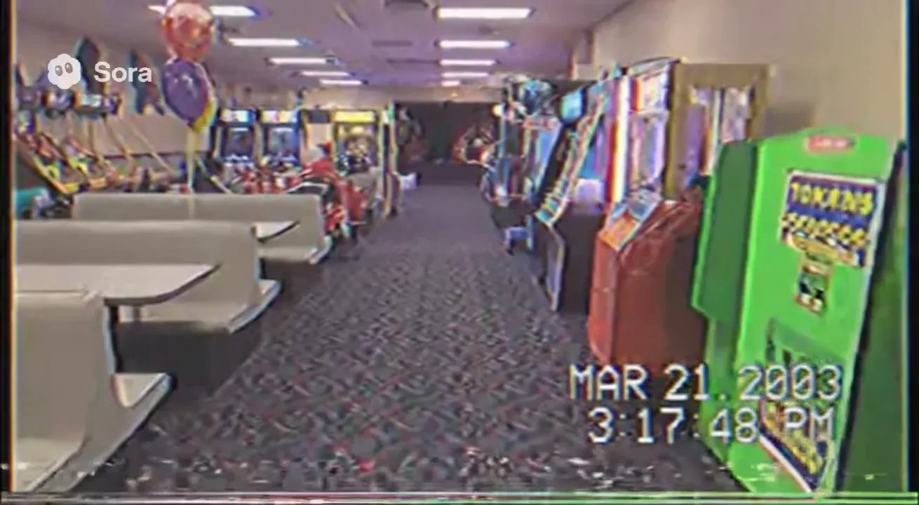 Real life Authentic raw VHS camcorder footage from the 2000s, recorded directly onto magnetic tape — not playback on a TV. The image has soft blur, muted colors, analog noise, faint static, and occasional horizontal tracking lines near the bottom. Slight handheld camera motion with natural jitter. Subtle chroma bleeding, color drift, and scanline flicker give it a genuine analog feel. Timestamp overlay with seconds in small white digital text is locked in the bottom-right corner, perfectly stable and unaffected by camera movement, static, or distortion. The timestamp never glitches, warps, or disappears — it remains consistently visible throughout. The audio has a low hiss, faint tape hum, and distant ambient noise captured from the camcorder’s built-in microphone. Looks exactly like genuine VHS footage, not a digital filter — ‘MAR 21 2003 3:17:48 PM’
VHS camcorder footage walking through an empty Chuck E. Cheese–style arcade. Colorful carpets, flashing game machines, and faint children’s music loop softly in the background. Balloons sway even though no air moves.
