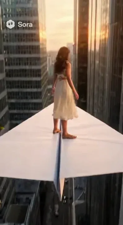 машин:
“A cinematic sequence showing a beautiful woman soaring gracefully through the city skyline on a giant paper airplane. She glides between tall glass skyscrapers as sunlight reflects off their windows, creating dazzling highlights. The wind gently blows through her hair and skirt as the city rushes below. The paper airplane dips and turns smoothly, performing elegant movements with realistic aerodynamics. The camera follows her in dynamic drone-style shots, showcasing the scale of the metropolis. In the final scene, she gently lands on a busy downtown road between cars, the paper airplane folding softly as it touches the ground. Bystanders watch in amazement. Realistic motion physics, golden-hour lighting, cinematic depth of field, ultra-detailed 4K footage with emotional music.” 
Хочешь, чтобы я добавил в этот промт элемент фэнтези (например, чтобы самолёт был волшебный и светился)?