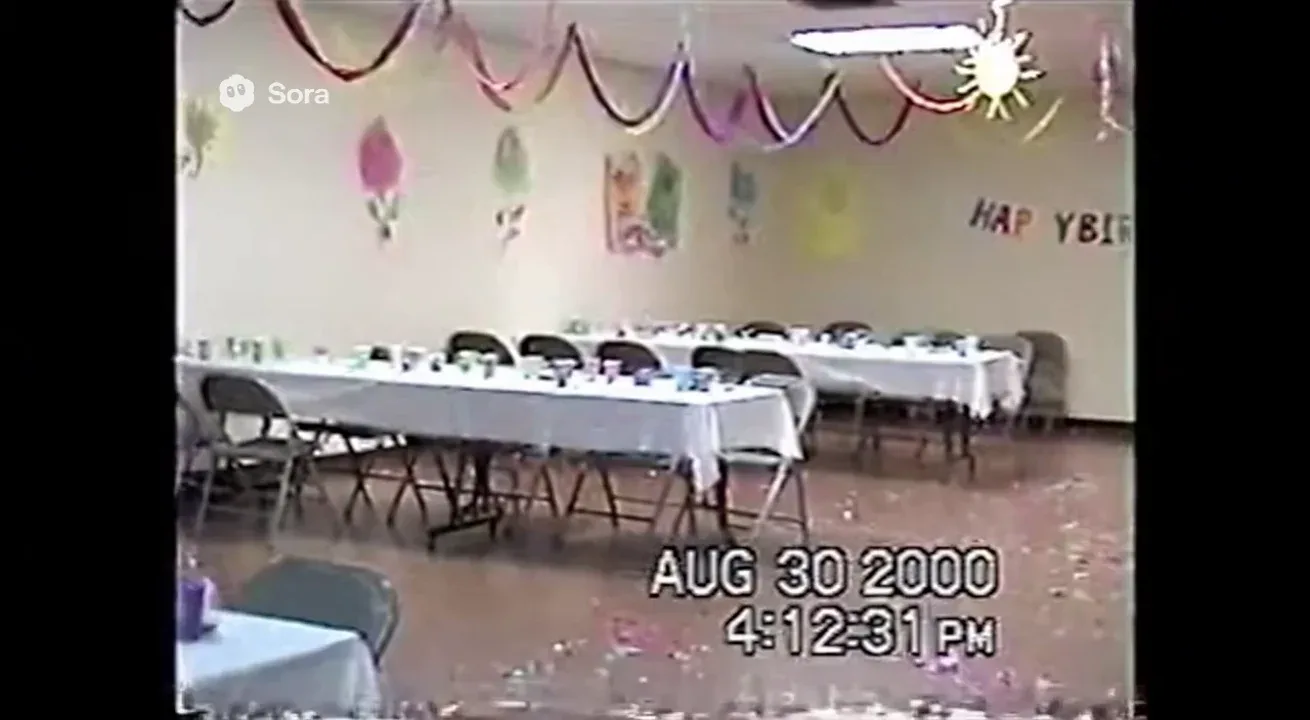 Real life Authentic raw VHS camcorder footage from the 2000s, recorded directly onto magnetic tape — not playback on a TV. The image has soft blur, muted colors, analog noise, faint static, and occasional horizontal tracking lines near the bottom. Slight handheld camera motion with natural jitter. Subtle chroma bleeding, color drift, and scanline flicker give it a genuine analog feel. Timestamp overlay with seconds in small white digital text is locked in the bottom-right corner, perfectly stable and unaffected by camera movement, static, or distortion. The timestamp never glitches, warps, or disappears — it remains consistently visible throughout. The audio has a low hiss, faint tape hum, and distant ambient noise captured from the camcorder’s built-in microphone. Looks exactly like genuine VHS footage, not a digital filter — ‘AUG 30 2000 4:12:31 PM’
VHS camcorder footage walking through a colorful kids’ party room. Paper decorations hang from the ceiling, and empty tables are covered with confetti. The camera pans to a corner where a single birthday hat sits on the floor.