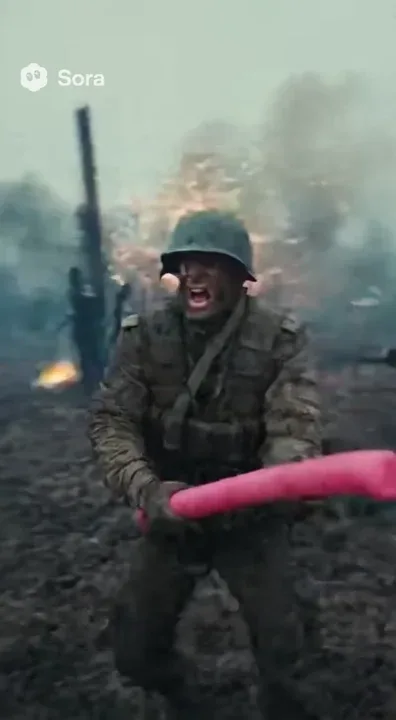 Camera sweeps over a smoky, war-torn battlefield — explosions, chaos, soldiers screaming orders. The music swells heroically — until one soldier charges in slow motion, swinging a bright pink pool noodle. Cut wide: every soldier is fighting with pool noodles. Dramatic orchestra keeps playing.