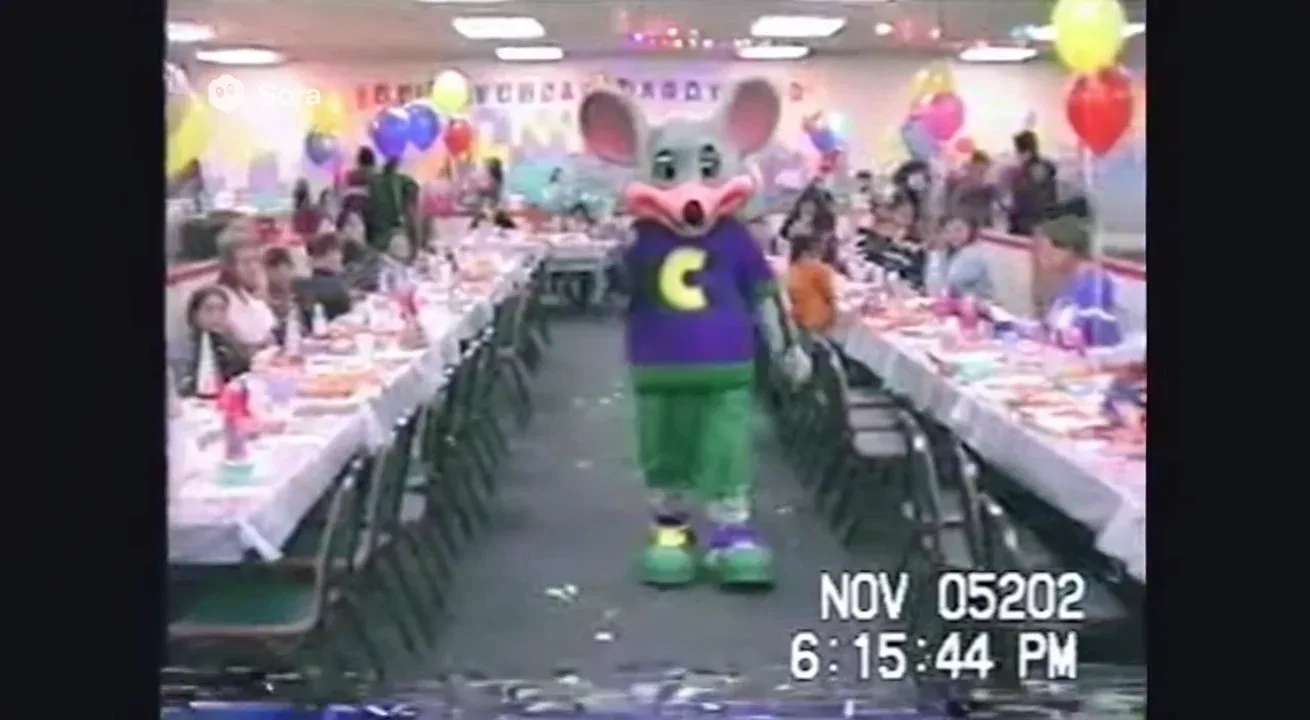 Real life Authentic raw VHS camcorder footage from the 2000s, recorded directly onto magnetic tape — not playback on a TV. The image has soft blur, muted colors, analog noise, faint static, and occasional horizontal tracking lines near the bottom. Slight handheld camera motion with natural jitter. Subtle chroma bleeding, color drift, and scanline flicker give it a genuine analog feel. Timestamp overlay with seconds in small white digital text is locked in the bottom-right corner, perfectly stable and unaffected by camera movement, static, or distortion. The timestamp never glitches, warps, or disappears — it remains consistently visible throughout. The audio has a low hiss, faint tape hum, and distant ambient noise captured from the camcorder’s built-in microphone. Looks exactly like genuine VHS footage, not a digital filter — “NOV 05 2002 6:15:44 PM VHS camcorder footage in a birthday party hall. The giant mouse mascot dances near the tables as balloons sway. Camera moves forward through the crowded room.”