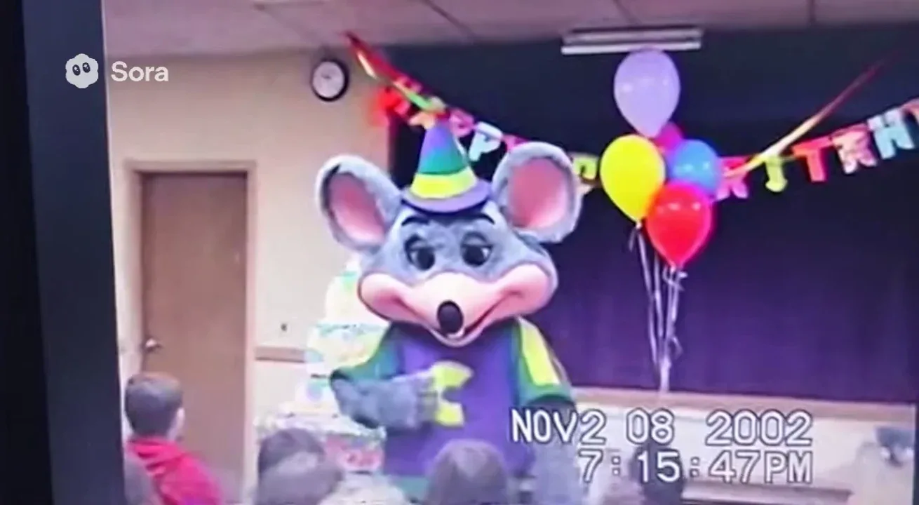 Real life Authentic raw VHS camcorder footage from the 2000s, recorded directly onto magnetic tape — not playback on a TV. The image has soft blur, muted colors, analog noise, faint static, and occasional horizontal tracking lines near the bottom. Slight handheld camera motion with natural jitter. Subtle chroma bleeding, color drift, and scanline flicker give it a genuine analog feel. Timestamp overlay with seconds in small white digital text is locked in the bottom-right corner, perfectly stable and unaffected by camera movement, static, or distortion. The timestamp never glitches, warps, or disappears — it remains consistently visible throughout. The audio has a low hiss, faint tape hum, and distant ambient noise captured from the camcorder’s built-in microphone. Looks exactly like genuine VHS footage, not a digital filter — “NOV 08 2002 7:15:47 PM VHS camcorder footage of a birthday stage. A smiling mouse mascot waves and gestures at the camera. Balloons sway and children laugh in the background.”