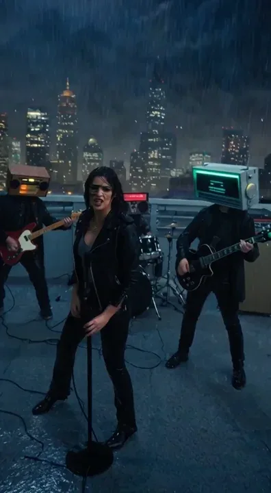 Add badass lead singer @evacaridad  She has a fierce, magnetic presence—wild tousled hair, sharp eyeliner, confident stare. Her voice is powerful yet beautifully controlled, shifting from soft, smoky tones to a soaring, crystalline belt.